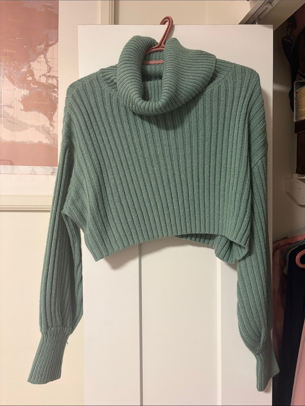 Cropped Ribbed Cowl Neck Sweater - Sage Green